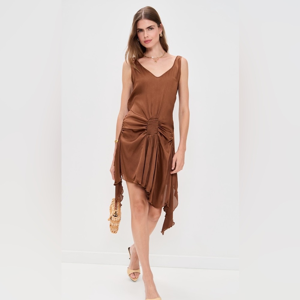 Brown Ruched Waist Asymmetrical Slip Dress